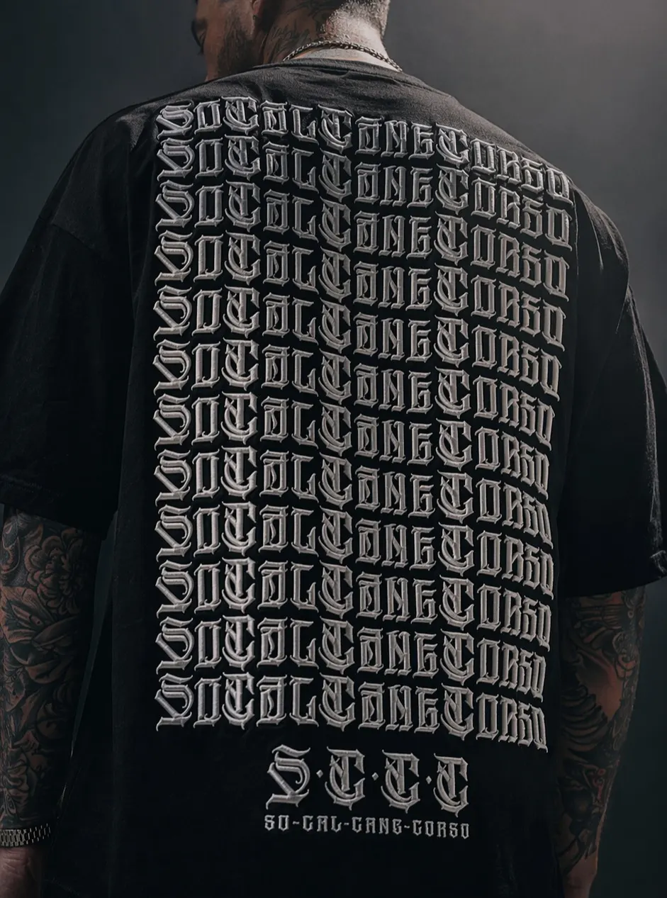 SoCal Cane Corso crest embroidered on a worn shirt