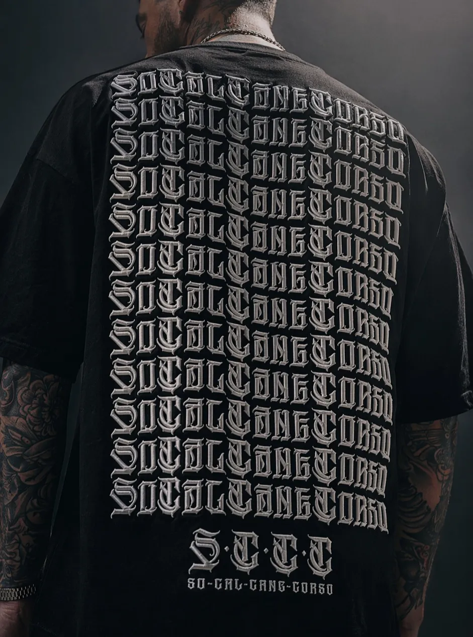 SoCal Cane Corso crest embroidered on a worn shirt