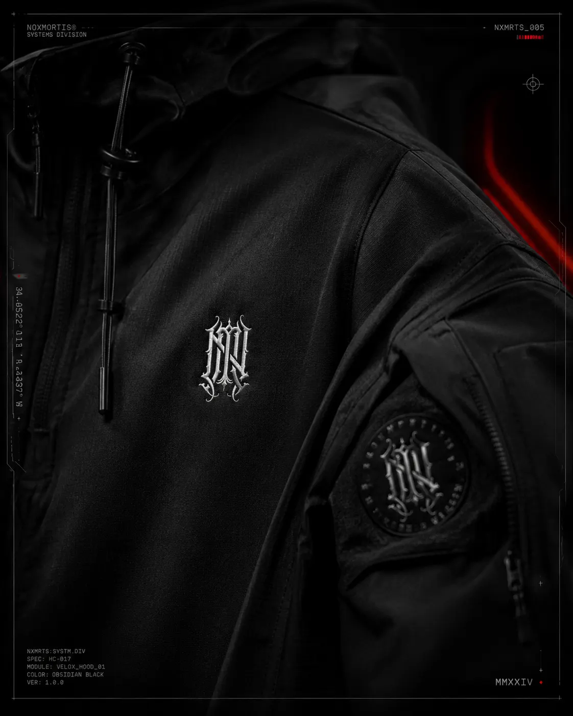 Noxmortis monogram embroidered on a hood and shoulder sleeve