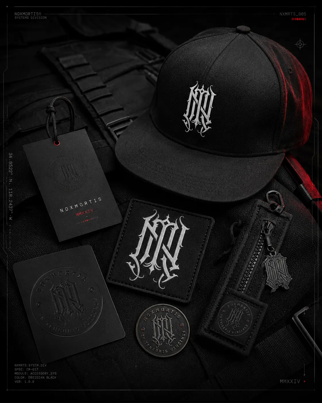 Noxmortis cap, patch, keychain, coin and hangtag laid out together