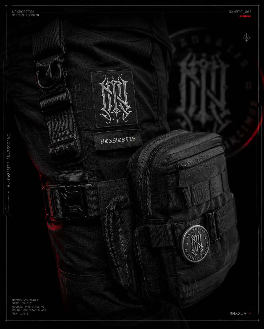 Noxmortis patch and woven tab on a tactical leg rig